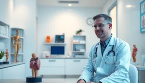 泌尿器科クリニックでの診察シーン。上野クリニック 口コミ・評判を強調し、思いやりのある医師と患者の対話。