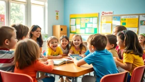 英語学習活動に楽しそうに参加する子どもたちを写した、ベルリッツ・キッズの教室の魅力的な場面。