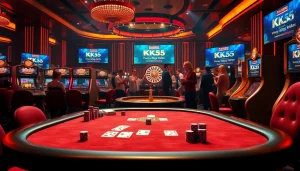 Engaging casino scene with poker players and vibrant slot machines representing https://kk55.space/ excitement.