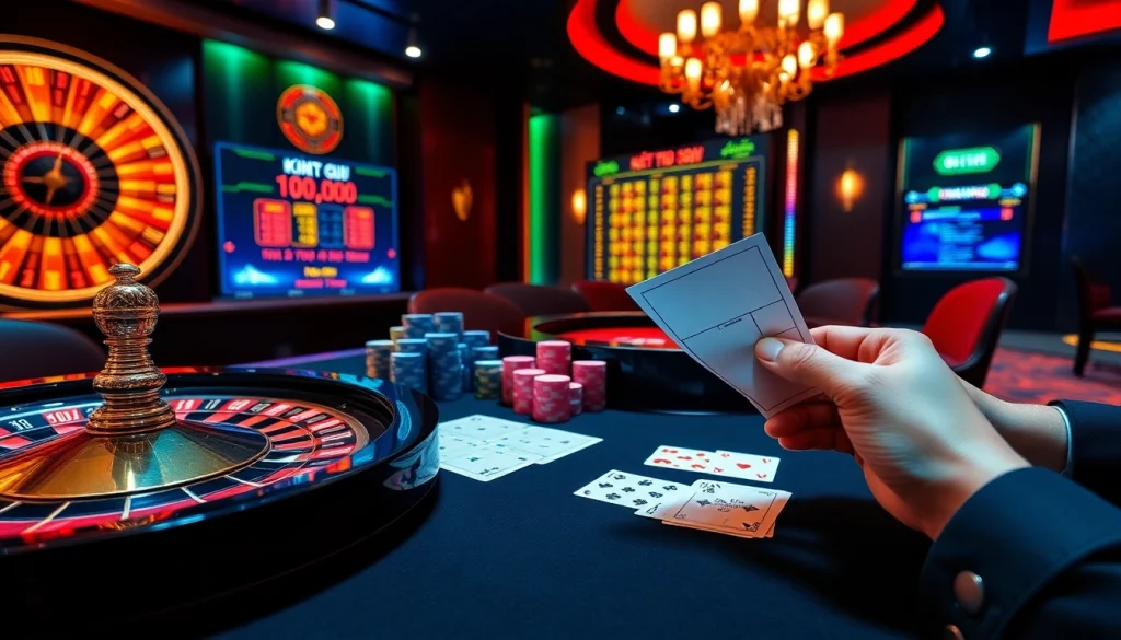 Kết quả xổ số displayed on a vibrant casino table with elegant cards and poker chips, stirring excitement.