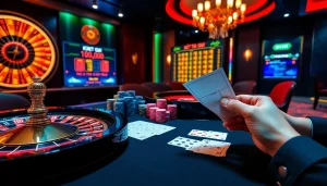 Kết quả xổ số displayed on a vibrant casino table with elegant cards and poker chips, stirring excitement.