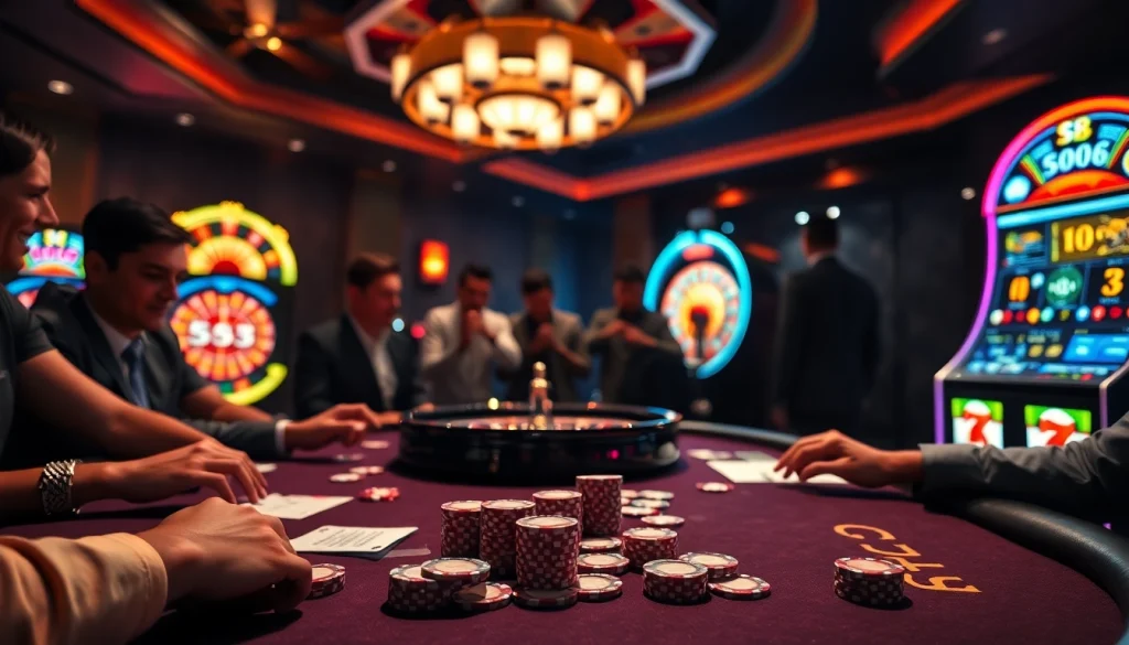 Players strategizing at a vibrant S8-themed casino table filled with chips and cards.