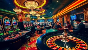 Players engaging in thrilling casino games at mm 88 with vibrant tables and luxurious decor.
