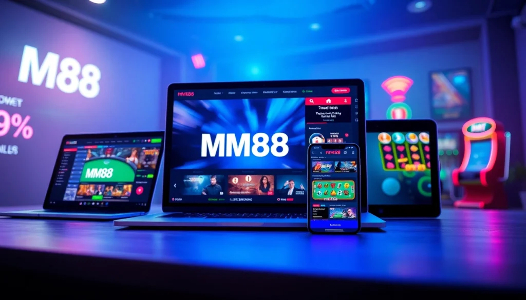 MM88 online gaming interface displayed across multiple devices, showcasing vibrant gaming elements.