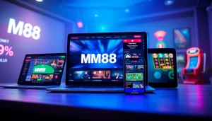 MM88 online gaming interface displayed across multiple devices, showcasing vibrant gaming elements.
