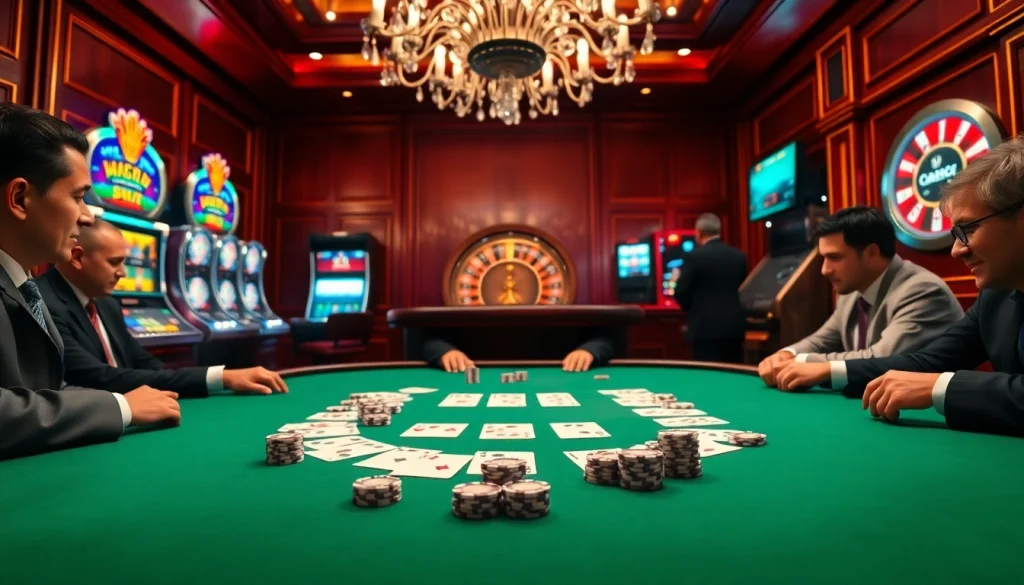 Scène engageante d'une table de poker dans un casino en ligne mettant en avant un gameplay palpitant avec des jetons et des cartes.