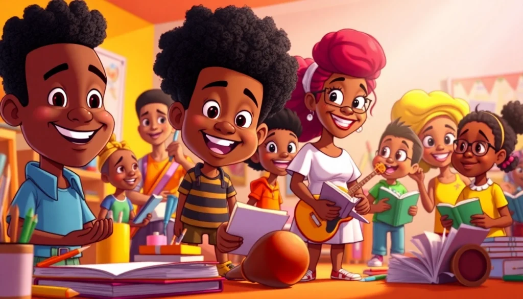 Engaging scene featuring popular African American cartoons characters encouraging creativity and learning.