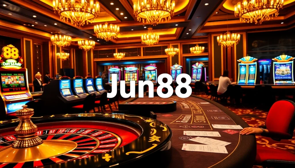 Experience thrilling gaming action at Jun88, featuring roulette tables and vibrant slot machines.