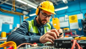 Electrician apprenticeship showcasing a trainee working on electrical components in a workshop.