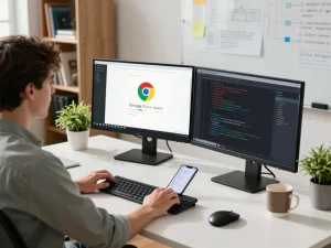 年轻专业人士在现代科技工作空间中展示双屏显示的谷歌浏览器，周围氛围活力四射。