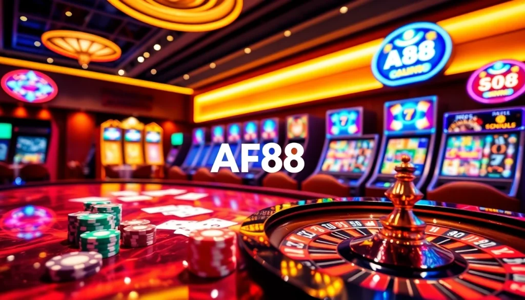 Engage in thrilling gameplay at AF88, showcasing vibrant gambling elements and a luxurious casino atmosphere.