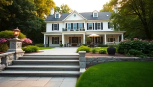 Showcasing a Sharon Custom Colonial New Build amidst lush greenery and elegant outdoor space.