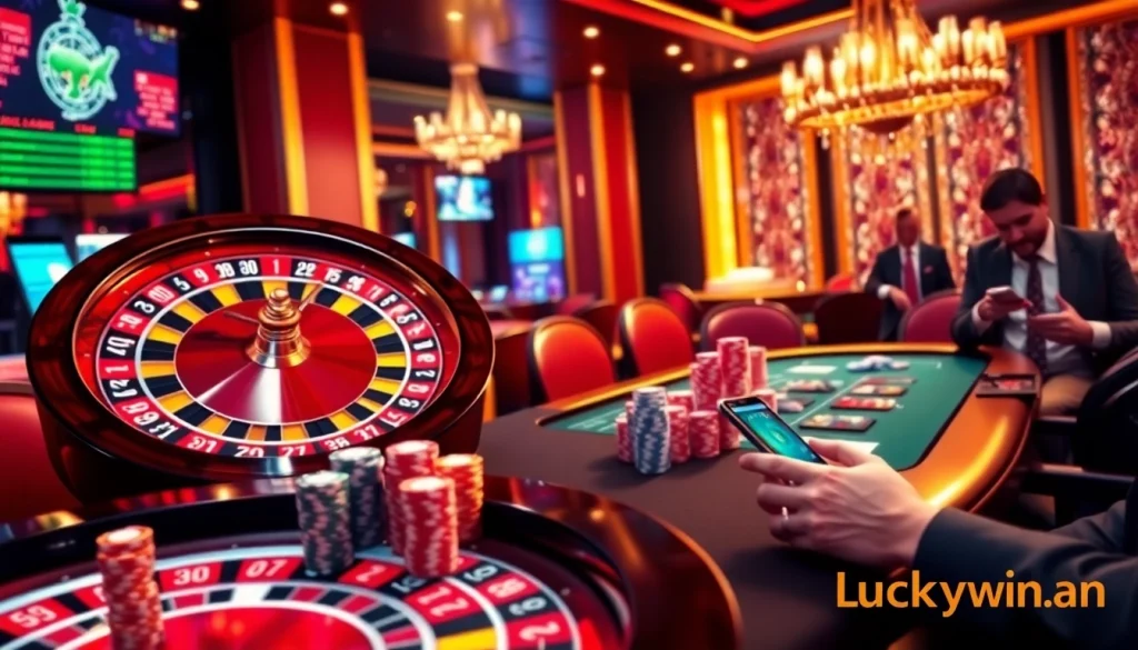 Experience thrilling casino games at https://luckywin.fan/ with vibrant poker chips and a lively roulette table.
