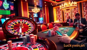 Experience thrilling casino games at https://luckywin.fan/ with vibrant poker chips and a lively roulette table.