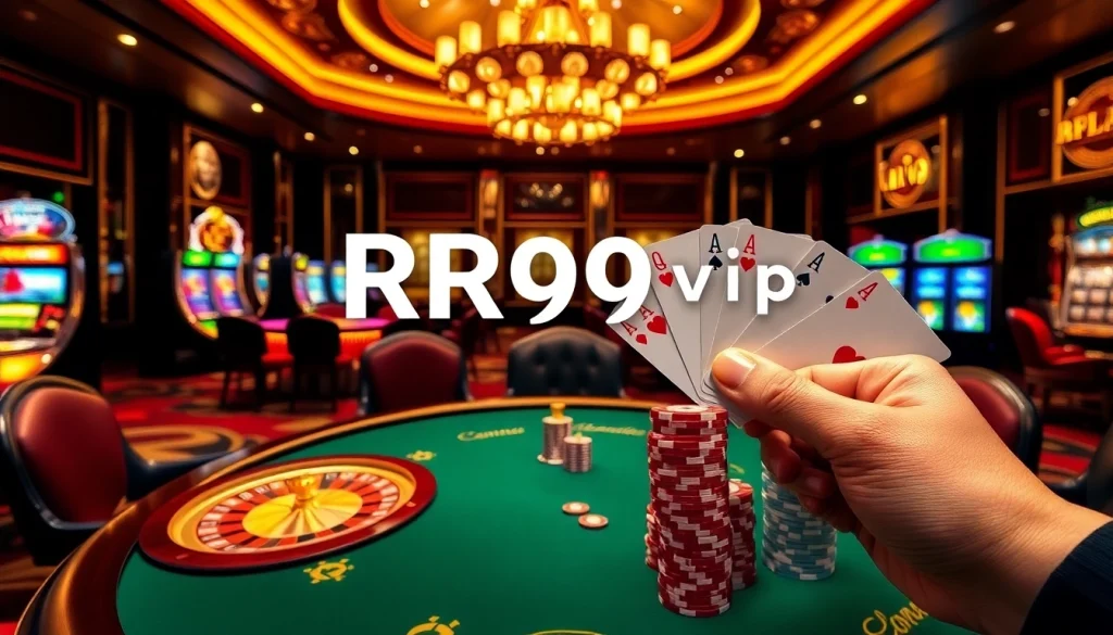 Players enjoying RR99 vip casino games with luxurious poker chips and vibrant slot machines.