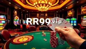 Players enjoying RR99 vip casino games with luxurious poker chips and vibrant slot machines.