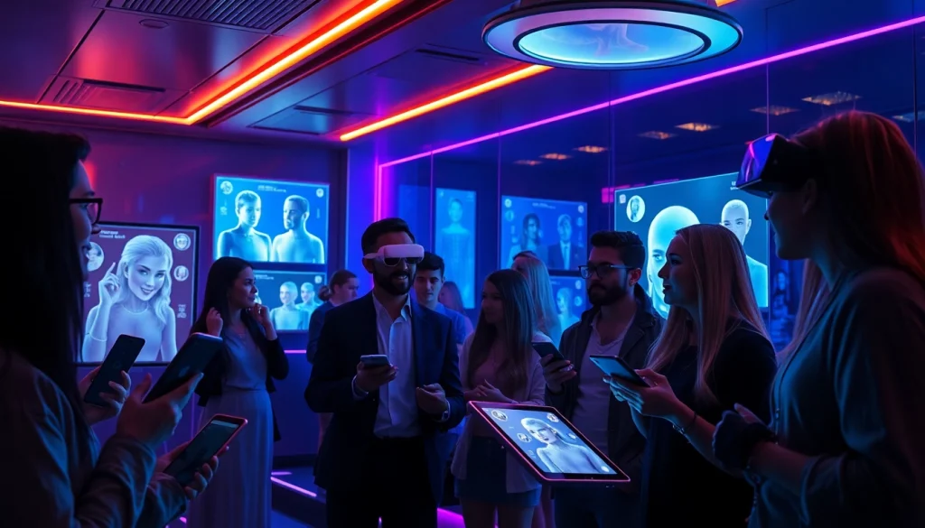 Discovering new NSFW AI characters in a modern lounge with interactive displays.