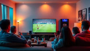 High-definition sports streaming experience featuring 토토티비 with fans enjoying a live soccer match at home.