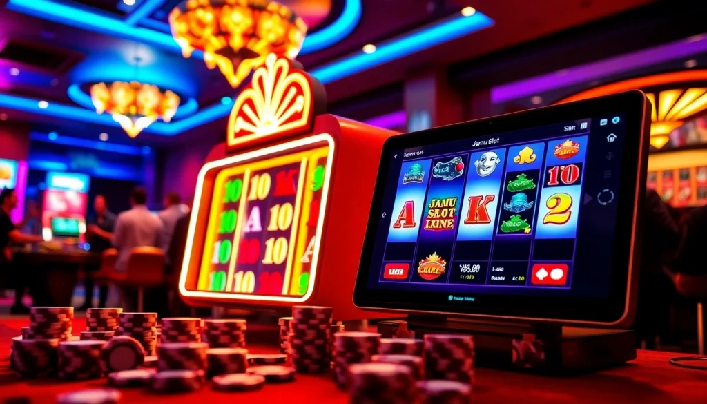 Experience the thrill of jamu slot with a vibrant casino scene, highlighting luxury and excitement.