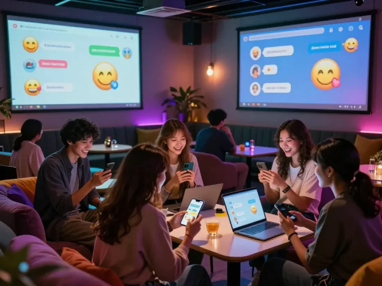 A vibrant lounge scene showcasing spicy chat interactions among friends with colorful ambient lighting and modern tech.