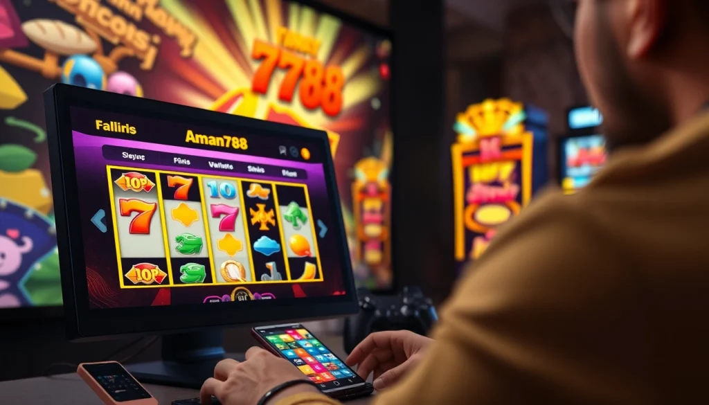 Engaging aman788 online slot gaming interface with vibrant graphics and a close-up on a player.