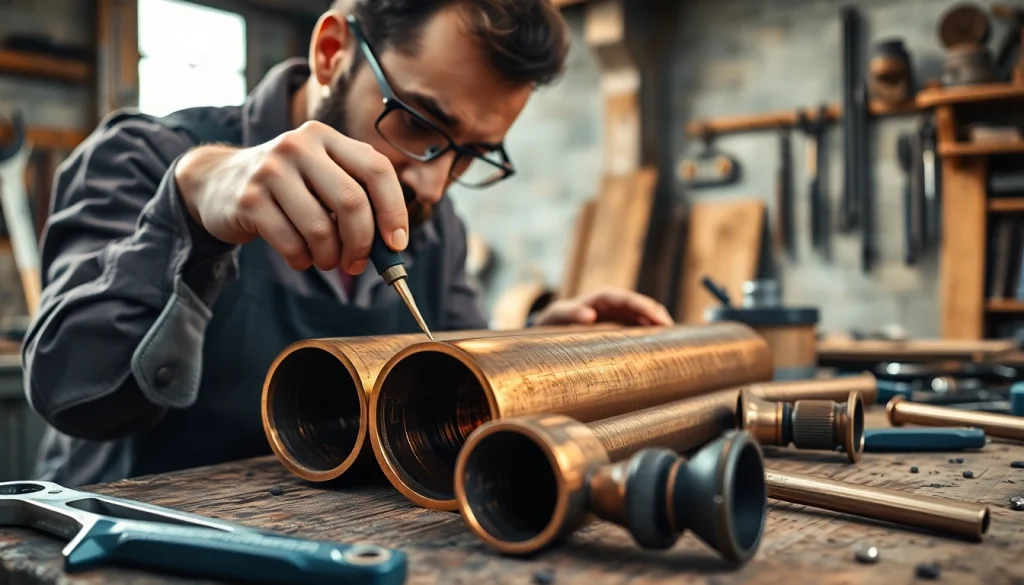 Teava bronz grafitat expusă într-un atelier, subliniind calitatea și măiestria.