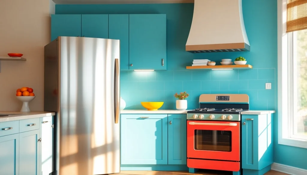 Showcasing affordable appliance options in a modern kitchen with vibrant colors and natural lighting.