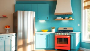 Showcasing affordable appliance options in a modern kitchen with vibrant colors and natural lighting.