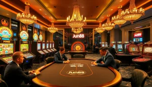 Players enjoying an exciting poker game at Jun88 casino, surrounded by vibrant slot machines.