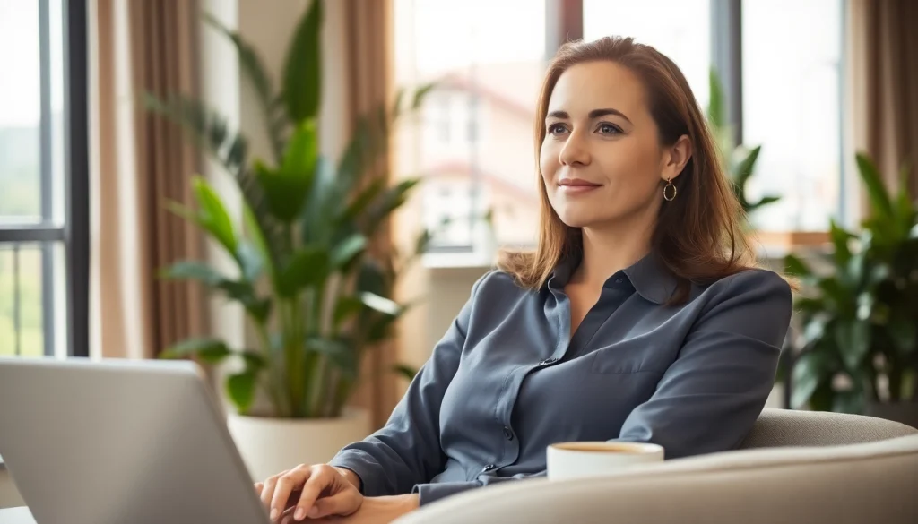 Anxiety symptoms illustrated by a serene woman in a modern office environment, embodying calmness and focus.
