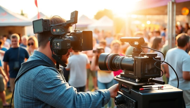 Capture of mobile production services setup outdoors with professionals and lively crowds.
