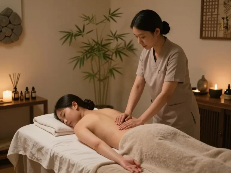 Relaxing 치평동마사지 session in a tranquil spa setting with ambient lighting and natural decor.