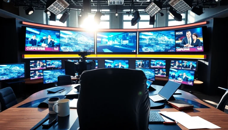 Capture exciting news broadcasting with a journalist in action amidst vibrant displays.