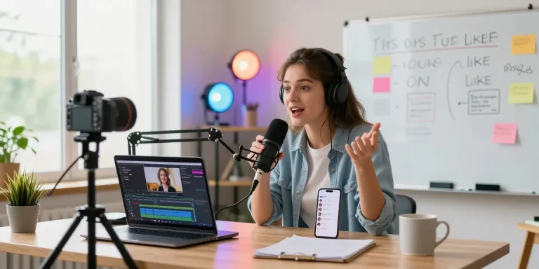 Content creator recording tips to get more likes on YouTube videos in a vibrant home studio.
