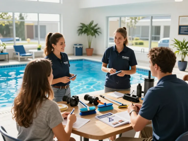 Dolphin Pool Services team helping customers in a bright, inviting showroom.