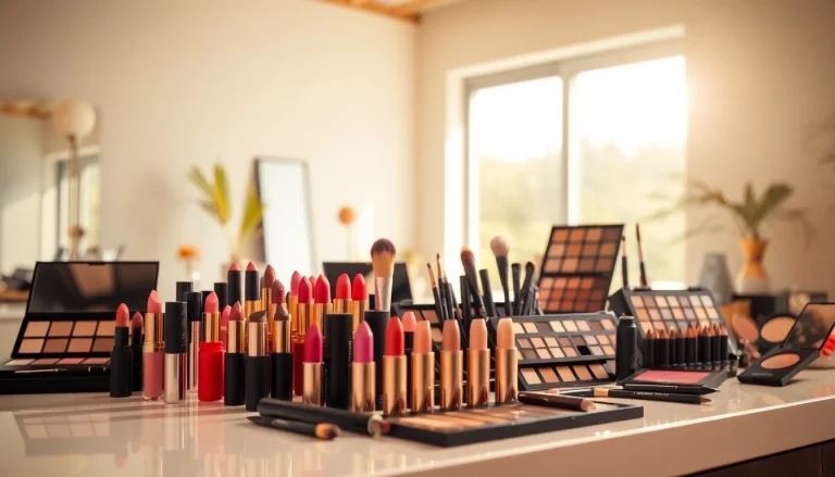 Explore a variety of wholesale makeup products elegantly arranged in a vibrant makeup studio.