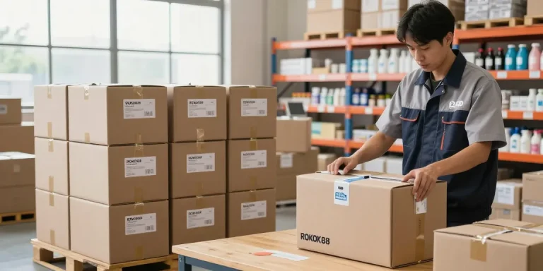 ROKOK88 waterproof and airtight box packaging in a modern warehouse, showcasing product protection and quality control.
