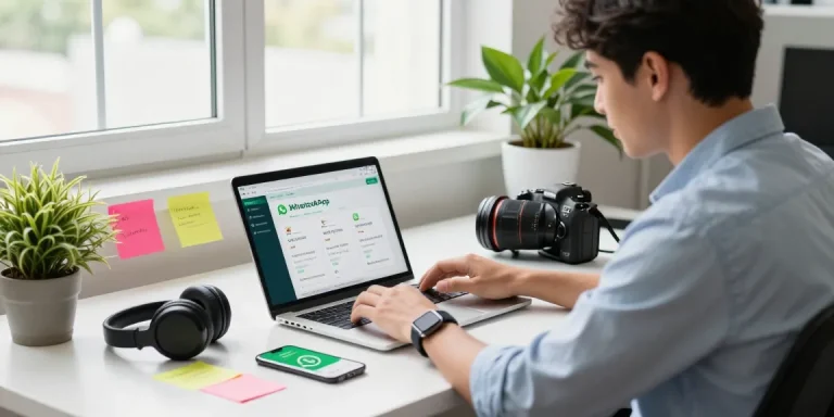 WhatsApp下載 in a tech workspace with a professional using laptop and smartphone to download the app.