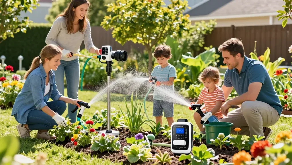 Family enjoying gardening while using rainpoint Irrigation Controllers to manage their watering system efficiently.