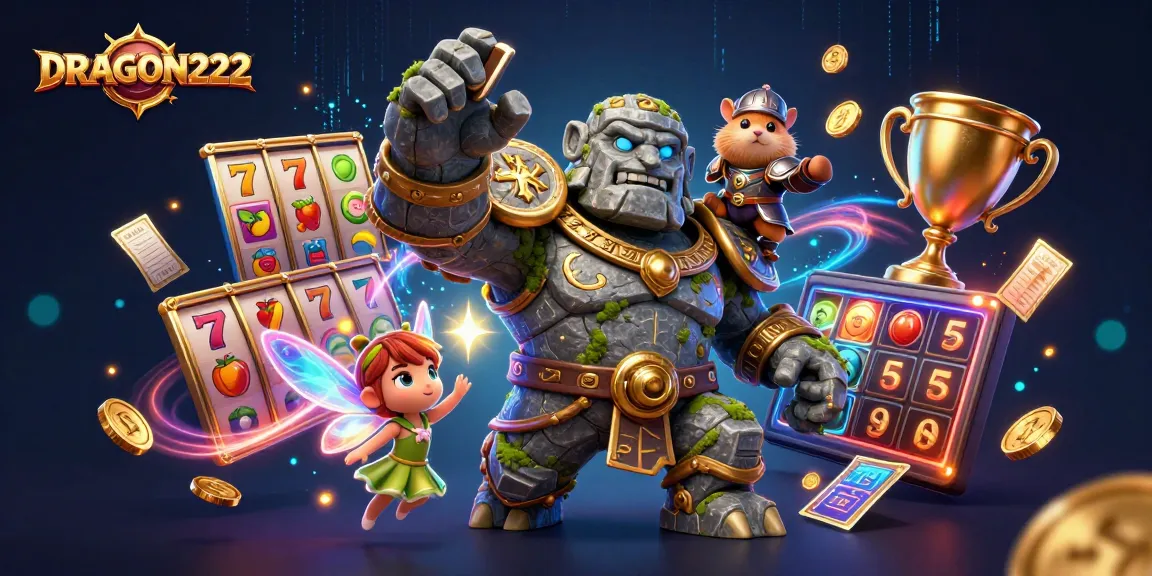 Experience thrilling wins with DRAGON222 in this vibrant casino-themed illustration featuring magical slot elements.