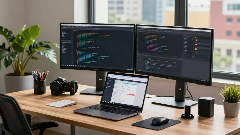 Innovative workspace showcasing 截图工具下载 on dual monitors and laptop, emphasizing tech productivity.