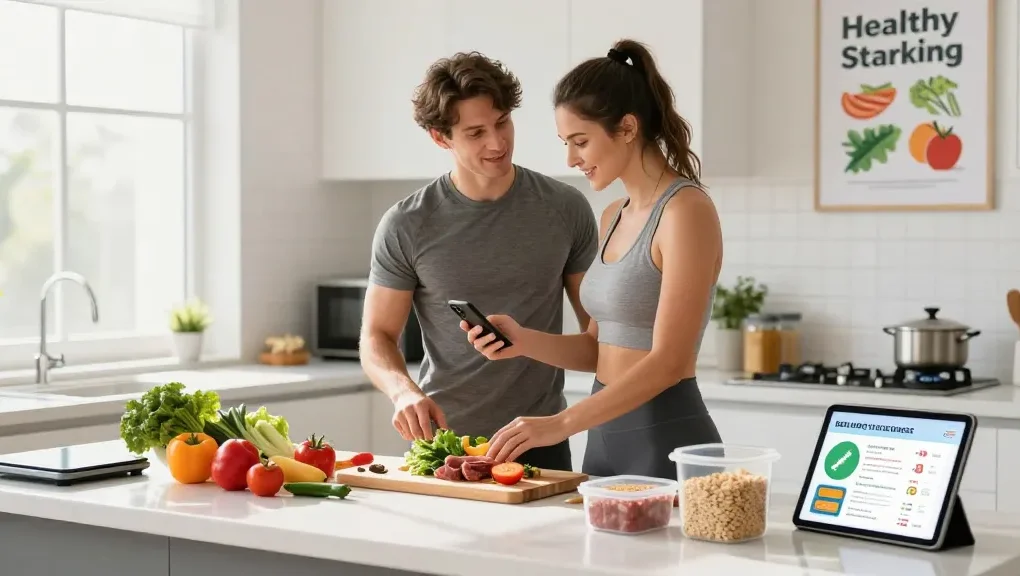 Cooking in a bright kitchen while tracking calories with the best weight loss app using a smartphone, emphasizing healthy meal prep.